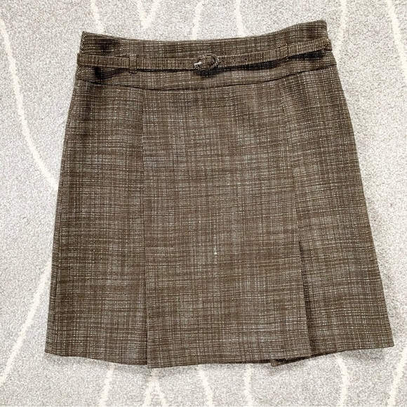 Kenneth Cole Brown Woven A-line Front Pleat Wool Skirt - Picture 1 of 4